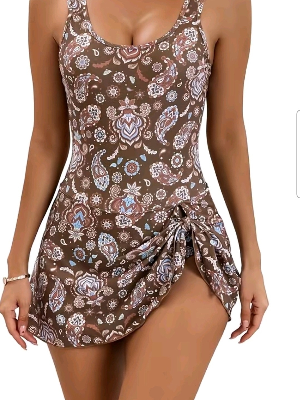 Brown Paisley One-Piece Swimdress with Side Tie
